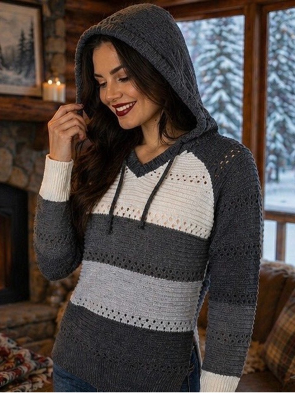 SHEIN Knit Hoodie Sweater Colorblock Gray White Size S Cozy Chic Pullover - Picture 5 of 5